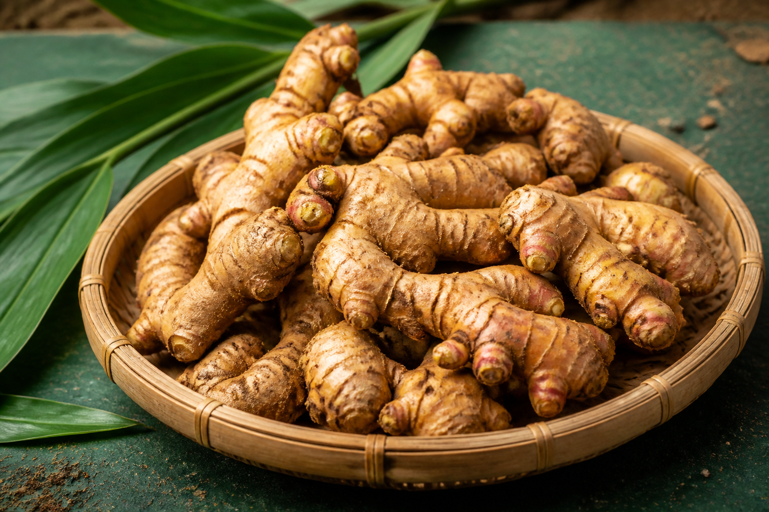 Fresh Nadia ginger rhizomes arranged in a woven bamboo basket